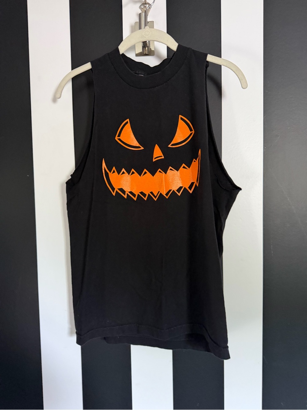 Vintage Unisex Upcycled Black Tank with Orange Jack-O'-Lantern Face (fits M/L)